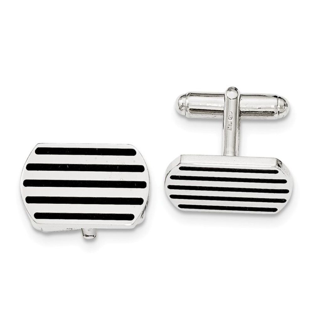 Men's Sterling Silver & Black Rubber Polished Striped Cuff Links
